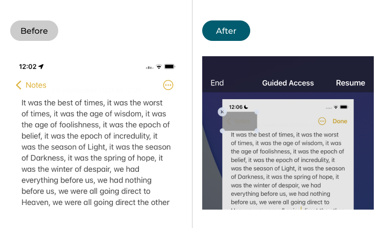 The Notes app before and after Guided Access is enabled